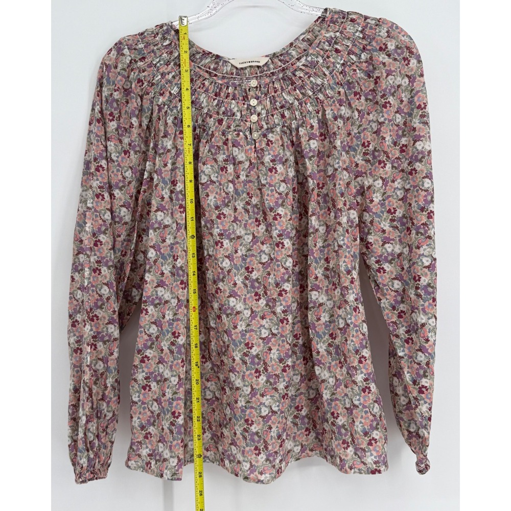Lucky Brand Womens Floral Smocked Peasant Blouse Long Sleeve Top Sz XL - Picture 2 of 9